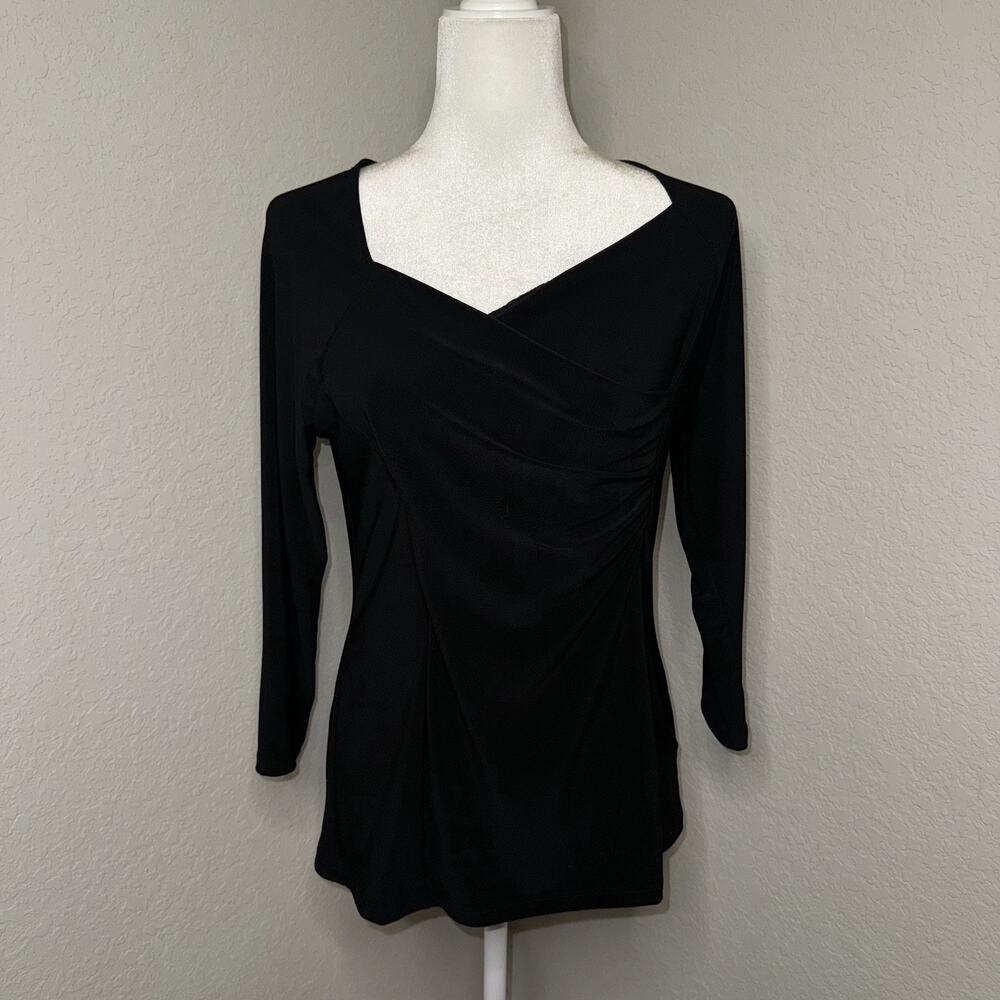 Dressbarn‎ Ruched Blouse Top Women's Large Black Office Wear V-Neck Casual